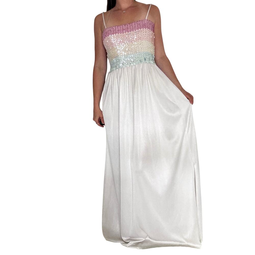 Vintage Y2K Pastel Sequin White Gown Ombre Prom Maxi Dress 14